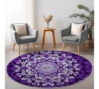 Round Rug 160 cm, Abstract Textured Luxury Mandala Printed rugs, Purple White Non-slip Plush Fluffy Round Area Rugs Washable Bedside Carpet Floor Mat for Living Room Bedroom Hallway Kitchen