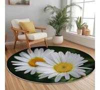 Round Rug 160 cm for Indoor Bedroom Kitchen, Florals Close Up Daisies Circle Soft Non-Slip Washable Durable Floor Mats, Flannel White Green Home Hotel Decor Floor Rugs Housewarming Gift