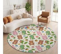 Round Rug 160 cm Washable Non-Slip Green Cartoon Dinosaur Circle Carpet | Teddy Bear Rabbit Bee Cloud Star Non Shedding Round Area Rug, Low Pile Carpet for Living Room Bedroom Bedside Office