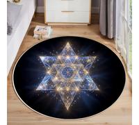 Round Rug 160cm, Machine Washable & Non-Slip Low Pile Circle Carpet, Soft Abstract And Mysterious Style Glowing Six-Pointed Star Circular Area Rugs for Living Room, Bedroom, Kitchen, Nursery,Blue