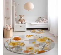 Round Rug 180 cm Floral Daisy Pattern Non-Slip Short Pile Area Rug, Watercolour Style Machine Washable Soft Circle Carpet Yellow Orange for Living Room Bedroom Kids Room Nursery Decor