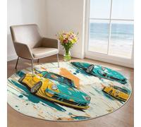 Round Rug 180 cm for Nursery, Dynamic Race Car Street Style Sports Graphic Decorative Area Rug, Blue-Green Soft Washable Rug with Non-Slip Backing for Kids Bedroom Sofa Coffee Table