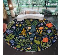 Round Rug Ø180 Cm,Machine Washable Rug, Non Slip Floor Carpet, Low Pile, Nature Flowers Leaves Blue For Bedroom Living Room Entryway Lounge Kids Room Home Decor Floor Mat