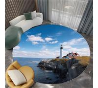 Round Rug 180 cm Photography Blue Sky White Clouds Lighthouse Circles Soft Fluffy Round Area Rug, Blue Washable Non-Slip Floor Carpet - Living Room Bedroom Kids Room Bathroom, Easy Care