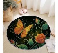 Round Rug 180 cm Soft Washable Orange Green Circle Rug, Cartoon Fantasy Butterflies Roses Print Non Slip Lightweight Carpet for Living Room Dining Room Kitchen Bedroom Entryway