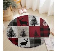 Round Rug 180 cm Soft Washable Red Gray Circle Rug, Minimalist Patchwork Deer Print Non Slip Lightweight Carpet for Living Room Dining Room Kitchen Bedroom Entryway