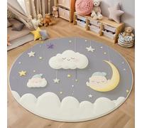 Round Rug,180Cm 3D Off-White Stars,Moon And Clouds Office Rug,Abstract Cartoon Foldable Wrinkle-Free Low Pile Carpet,For Living Room Bedroom Kitchen Apartment Welcome Entrance Durable Rugs