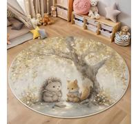 Round Rug 180cm Animal Illustrations Washable Rugs Ginkgo Tree Cute Little Hedgehog Squirrel Pattern Rug Non Slip Lightweight Circle Carpet for Kitchen Living Room Bedroom Dining Room Hall,Yellow