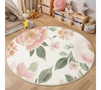 Round Rug 180Cm For Indoor Outdoor Bedroom Kitchen,3D Daisy Green Leaves Watercolor Plants Non-Slip Washable Durable Carpet Floor Mats,Pink Green Home Hotel Decor Floor Rugs