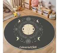 Round Rug 180cm, Soft Machine Washable Dark Gray Circle Rugs, Minimalist Mysterious Stars Moon Print Non Slip Carpet for Living Room Kid’s Room Dining Room Bedroom Entryway