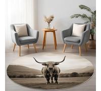 Round Rug 200 cm, Machine Washable Rug, Non Slip Floor Carpet, Low Pile, Animal Soft Grey Highland Cattle Mountain Area Rugs for Living Room Bedroom Kitchen Nursery Lounge Office Chair