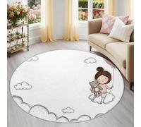Round Rug 200 cm, Machine Washable Rug, Non Slip Floor Carpet, Low Pile, Cartoon Hand-Drawn Soft Pink Girl Teddy Bear Area Rugs for Living Room Bedroom Kitchen Nursery Lounge Office Chair