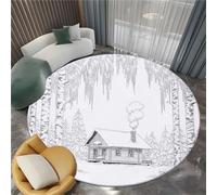Round Rug 200 cm Winter Cottage Birch Trees Machine Washable Area Rugs, Black And White Sketch Low Pile Non-Shedding Non-Slip Circle Carpe forLiving Room Bedroom Nursery Dorm Playroom Tent