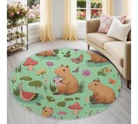Round Rug 245 cm for Nursery, Cute Capybara At The Lake Pattern, Soft Washable Rug with Non-Slip Backing for Kids Bedroom Young People, Light Green