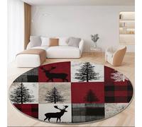 Round Rug 245 cm Soft Washable Red Gray Circle Rug, Minimalist Patchwork Deer Print Non Slip Lightweight Carpet for Living Room Dining Room Kitchen Bedroom Entryway