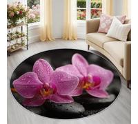 Round Rug 60 cm for Kid’s Room, Zen Healing Orchid Black Stones Design, Washable Non-Slip Low Pile Carpet for Living Room Bedroom Dining Room Women, Pink