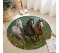 Round Rug 60 cm for Nursery, Cartoon Horse Grassland Pattern, Soft Washable Rug with Non-Slip Backing for Kids Bedroom, Color