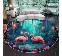 Round Rug 60 Cm,Machine Washable Rug, Non Slip Floor Carpet, Low Pile, Fantasy Flamingo Forest Blue For Bedroom Living Room Entryway Lounge Kids Room Home Decor Floor Mat