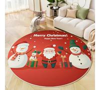Round Rug 60 Cm, Soft Santa Claus And The Snowman Washable Red Circle Rug, Cartoon Christmas Prints Non Slip Carpet For Living Room Dining, Room Bedroom, Children'S Rooms, Entryway