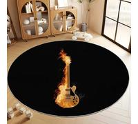 Round Rug 60 cm Surrealism Burning Guitar Circles Soft Fluffy Round Area Rug, Black Washable Non-Slip Floor Carpet - Living Room Bedroom Kids Room Bathroom, Easy Care