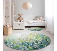 Round Rug 60 cm Watercolour Style Non-Slip Short Pile Area Rug, Lily Of The Valley Pattern Machine Washable Soft Circle Carpet Light Green for Living Room Bedroom Kids Room Nursery Decor