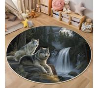 Round Rug 60 Cm, Wolves In The Forest Realistic Wildlife Circle Carpet Non-Slip Plush Fluffy Round Area Rug Washable Bedside Carpet Floor Mat For Living Room Bedroom Hallway Kitchen, Grey