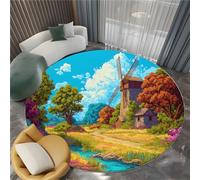 Round Rug 80 cm Cartoon Windmill Cottage Machine Washable Area Rugs, Pastoral Scenery Low Pile Non-Shedding Non-Slip Circle Carpe forLiving Room Bedroom Nursery Dorm Playroom Tent