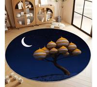 Round Rug 80 cm Fantasy Cartoon Tree Beehive Crescent Moon Soft Non Slip Round Area Rugs, Washable Indoor Floor Accent Blue Carpet - Living Room Bedroom Kitchen Dining Room