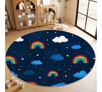 Round Rug 80 cm Washable Cartoon Starry Sky Rainbow Clouds Indoor Circle Area Rugs, Dark Blue Non-Slip Stain Resistant Fluffy Carpet Entryway Kitchen Dining Room Table Living Room