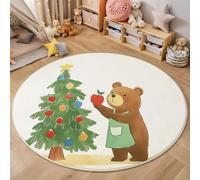Round Rug 90 Cm For Living Room, Bedroom, Bear And Christmas Tree Circle Area Rug, Machine Washable, Non-Slip Carpet Dining Room, Low Pile, Non-Shedding, Cartoon Children'S Theme Round Carpet, White