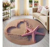 Round Rug 90 cm for Nursery, Romantic Coast Heart In The Sand Starfish Pattern, Soft Washable Rug with Non-Slip Backing for Kids Bedroom Couples, Sand Color