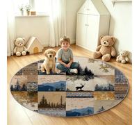 Round Rug Abstract 150 cm, Non Slip Washable Circle Area Rugs for Kids Bedroom, Living Room Decor, Thin Pile Soft Carpet for Entryway Playroom Hallway - Brown Forest Check Block