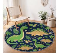 Round Rug Cartoon Animals Dinosaur Large Nursery Carpet 120 cm | Living Room Washable Stegosaurus Ferns Children'S Room Circle Rugs Non Slip Soft Low Pile Carpet for Kids Room Kitchen