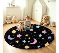 Round Rug Cartoon Graffiti, Soft Washable Non-Slip Circle Carpet - Black Starry Sky Moon Sun Star Floor Mat for Kids, Boys and Girls Bedroom, Playroom, Living Room - 150 cm