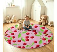 Round Rug Cartoon, Soft Washable Non-Slip Circle Carpet - Pink Fruit Cherry Leaf Floor Mat for Kids, Boys and Girls Bedroom, Playroom, Living Room - 100 cm