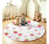 Round Rug Cartoon, Soft Washable Non-Slip Circle Carpet - White Fruit Strawberry Leaf Floral Floor Mat for Kids, Boys and Girls Bedroom, Playroom, Living Room - 150 cm