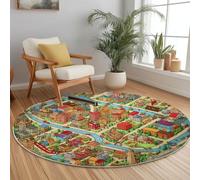 Round Rug Cartoon Style 120cm, Robust and Easy to Maintain Area Rugs Cute City Architecture Soft Non Slip Printed Carpet Suitable for Living Room Bedroom and Kitchen Color