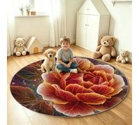 Round Rug Dreamy 90 cm, Non Slip Washable Circle Area Rugs for Kids Bedroom, Living Room Decor, Thin Pile Soft Carpet for Entryway Playroom Hallway - Pink Floral Peony Leaf