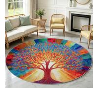 Round Rug Fantasy Life Tree Area Rugs Living Room Washable Non-Slip 160 cm | Low-Pile Non-Shedding Soft Circular Carpet Bedroom Mat, Floor Protectors Under Dining Table, Trees Geometric Squares