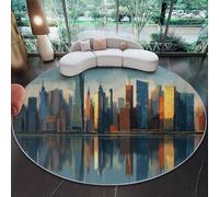 Round Rug for Living Room 120 cm, Washable Architecture City Skyscraper Rug Non Slip Floor Carpet Low Pile Large Crawling, Round Area Rugs for Bedroom Kitchen Nursery Entryway, Grey Blue