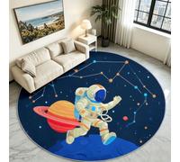 Round Rug for Living Room 120cm Cartoon Fun Washable & Non-Slip | Moon Astronaut Constellations Floor Soft Low Rug for Bedroom, Kids Room and Bathroom, Easy Clean & Robot Vacuum Friendly