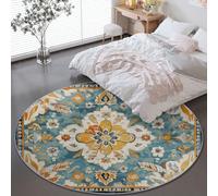 Round Rug for Living Room 150 cm - Soft Washable Beige Circle Rug Vintage Traditional Small Flowers Leaves for Bedroom, Low Pile Non Slip Circular Carpet for Kitchen Dining Room Entryway