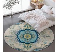 Round Rug for Living Room 180 cm - Soft Washable Blue-Green Circle Rug Traditional Art Deco Elegant Floral for Bedroom, Low Pile Non Slip Circular Carpet for Kitchen Dining Room Entryway