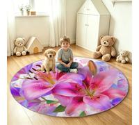 Round Rug for Living Room Bedroom, 100 cm Watercolour Non-Slip Rubber Backing Circle Rugs, Machine Washable Carpet for Dining Room Bathroom, Low-Pile Soft Indoor - Pink Romantic Floral Lily