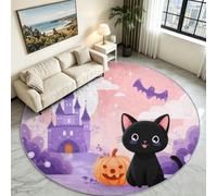 Round Rug Halloween 60 cm Washable Non-Slip Hallway Carpet Pink | Anti-skid Base Low Profile, Soft Feel, Durable, Animal Cat Pumpkin, Living Room Bedroom Floor