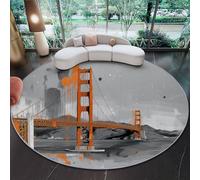 Round Rug Living Room 120 cm, Abstract City Bridge Circle Rug, Area Circular Rugs Machine Washable, Non-Slip Carpet Low Pile Non-Shedding for Dining Room Bedroom, Gray Orange