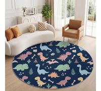Round Rug Living Room, Blue Soft Washable Non Slip Rug, 90 cm, Cartoon Jungle Circle Carpet, Low Pile, Stain Resistant for Bedroom Kitchen Office Dorm Sofa, Dinosaurs Cacti Volcanoes Bones