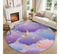 Round Rug Living Room Cartoon, Soft Washable Non Slip Carpet, 100 cm | Watercolour Clouds Moon Stars Circle Carpet, Low Pile Stain Resistant Rug for Bedroom Kitchen Entryway Office Dorm Sofa