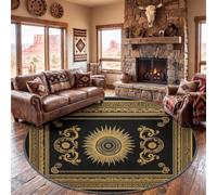 Round Rug Living Room Classic Luxury Washable Non Slip Carpet 120 cm | Baroque Vintage Geometric Gold Greek Key Circle Carpet, Black Low Pile Stain Resistant Rug for Bedroom Office Dorm Sofa