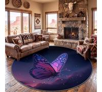 Round Rug Living Room Dreamy Nature, Soft Washable Non Slip Carpet, 160 cm | Fantasy Art Night Sky Stars Purple Butterfly Circle Carpet, Purple Blue Low Pile Stain Resistant Rug for Bedroom Office Dorm